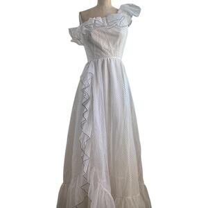 Vintage romantic white purple polka dot lace ruffle one shoulder dress